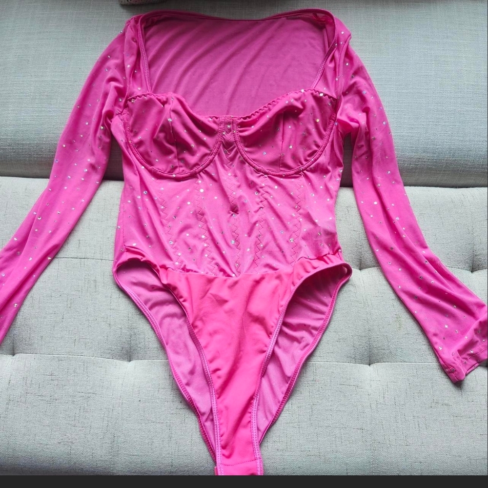 Pink Long Sleeve Bodysuit With Sparkles